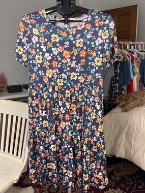 BOMBOM Floral Babydoll Tiered Dress Navy Boho Cottagecore Medium